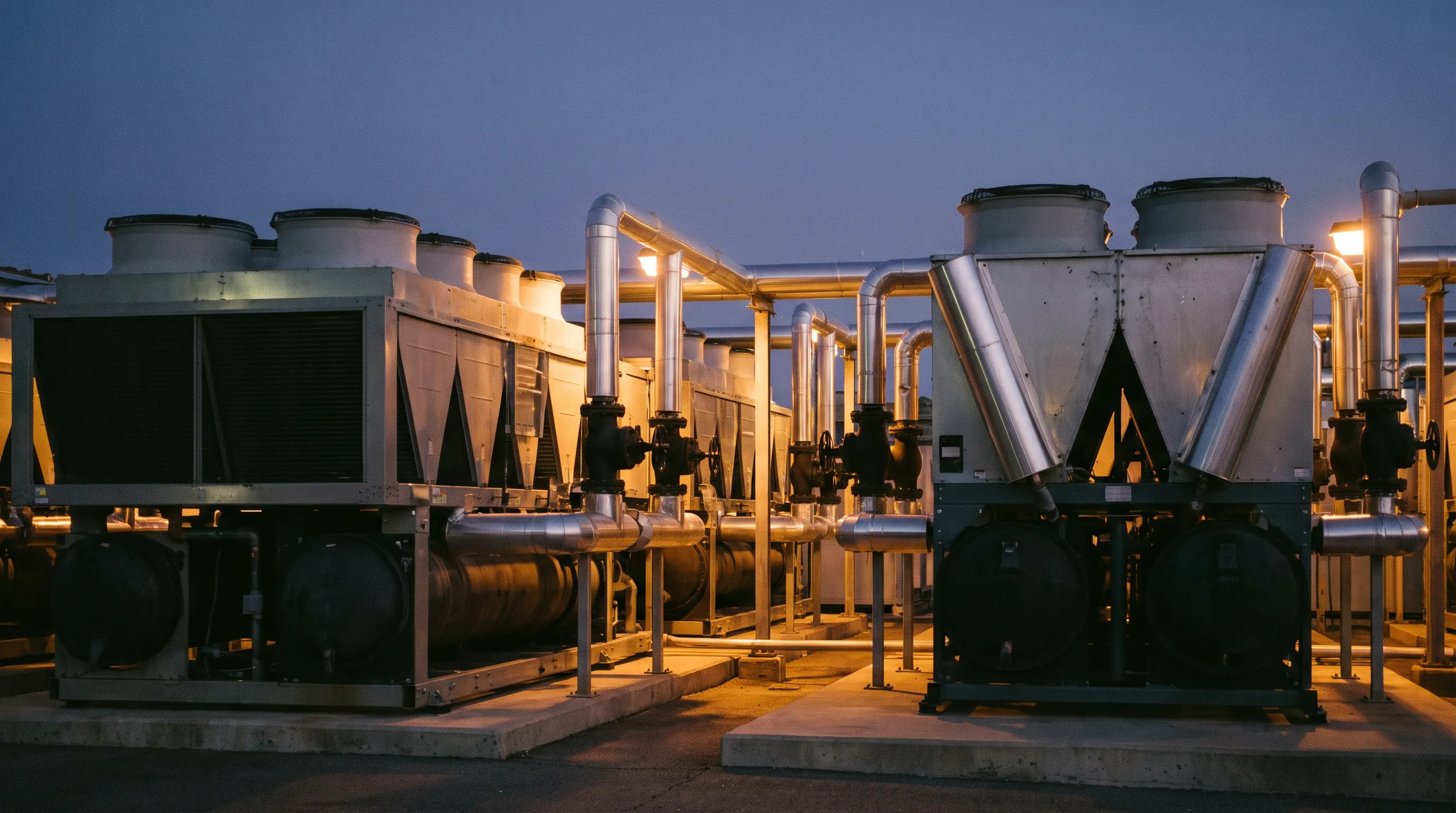 Illustrative commercial chiller yard at dusk with routed water pipes and circular fan housings