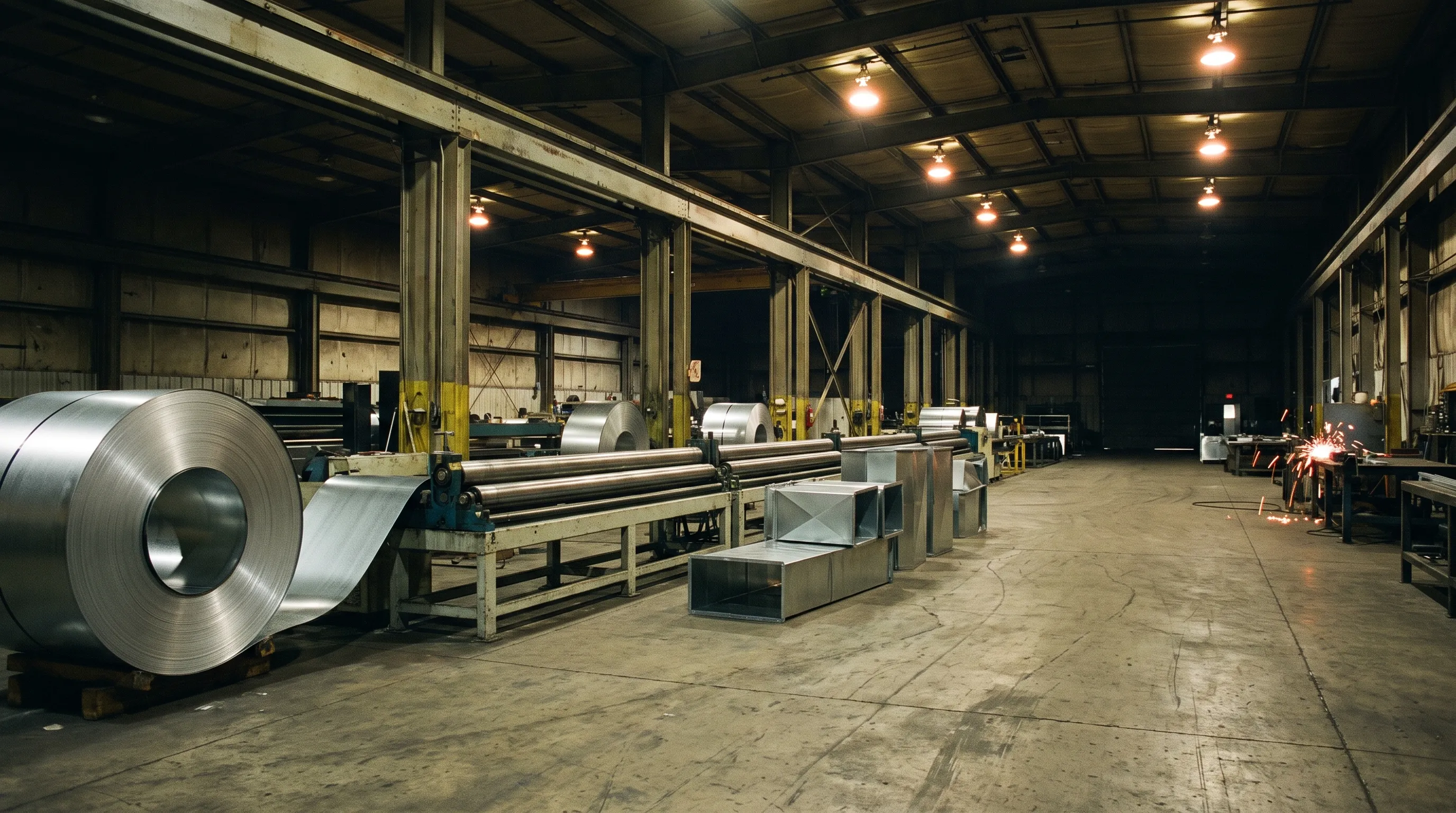 Illustrative fabrication shop with a galvanized steel coil line under warm work lights